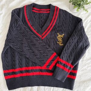 Academic‑Style Cable‑Knit Sweater with YSL‑Style Embroidery